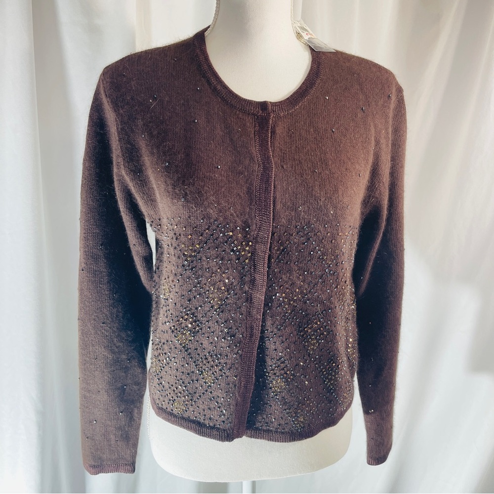 Studio C Light Chocolate Beaded Angora Blend Cardigan-M Made in Hong Kong